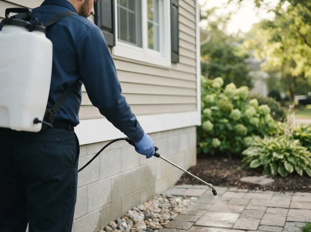 Pest control technician inspecting a home in Everton, MO